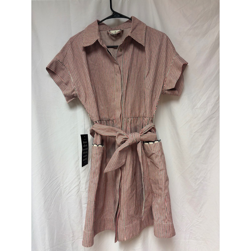 Tuckernuck Womens Red White Blue Striped Belted Shirt Dress Ric Rac Trim Medium
